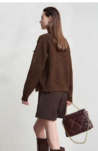 Damen-Strickjacke Rundhals englischer Stil einfarbig elegant Herbst