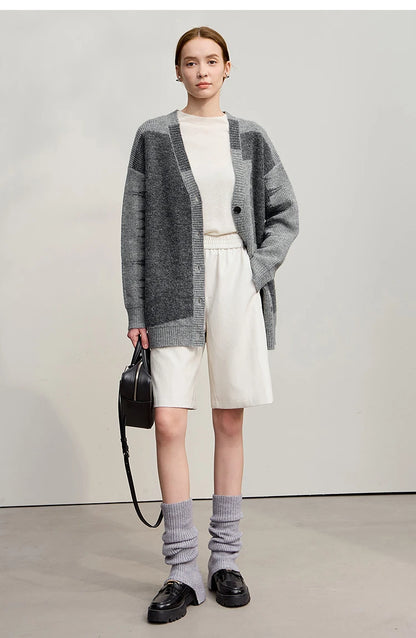 Damen V-Ausschnitt Cardigan lang Patchwork Wolle-Mix Winter