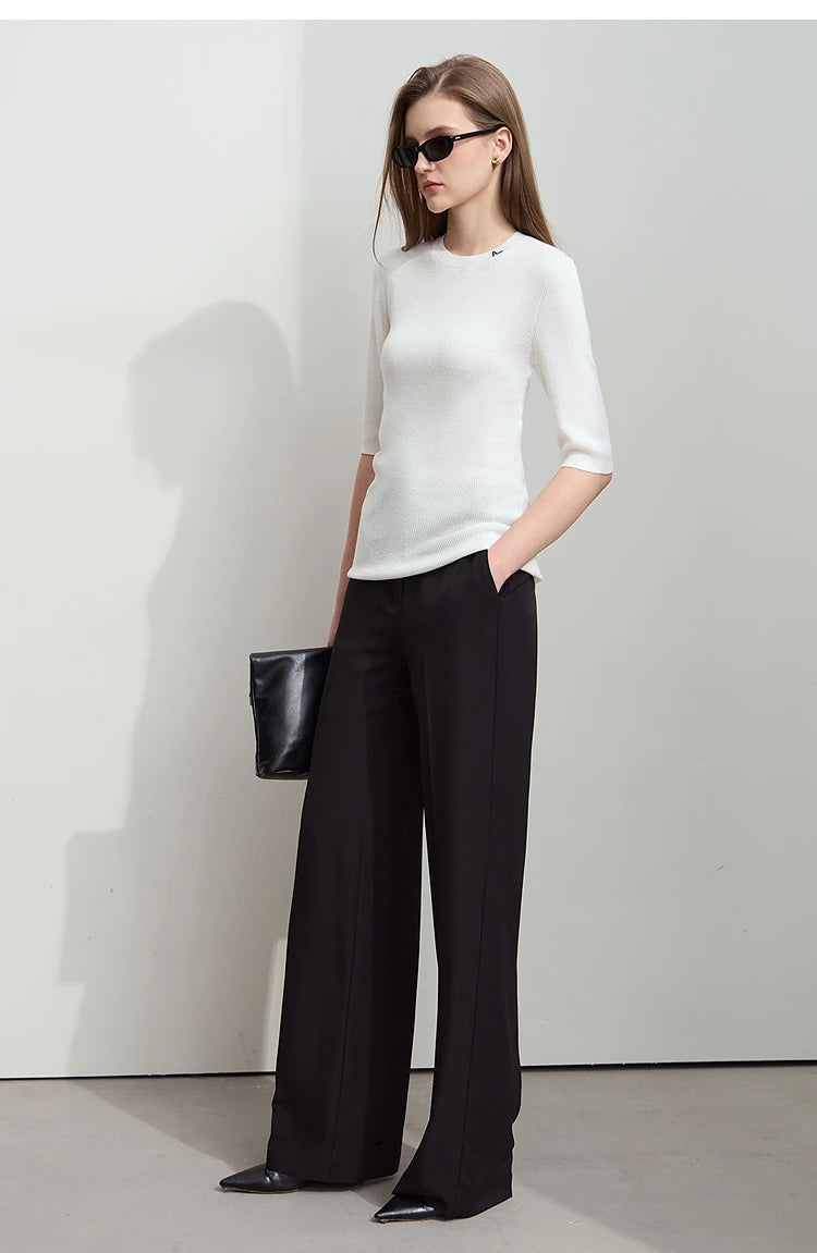 Damen-Strickpullover, weiß, O-Ausschnitt, 3/4-Ärmel, schmale Passform