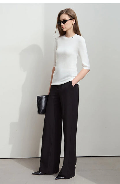 Damen-Strickpullover, weiß, O-Ausschnitt, 3/4-Ärmel, schmale Passform