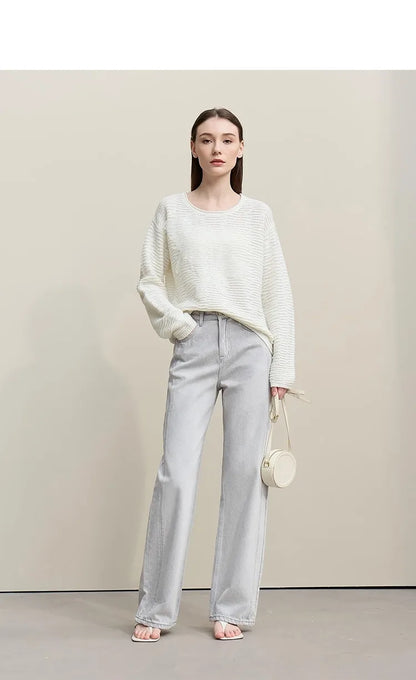 Damen-Strickpullover mit Rundhalsausschnitt, überschnittenen Schultern, helles Off-White