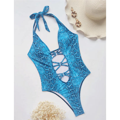 Damen Badeanzug Schlangenhaut Neckholder Bauch-Cut-Out Monokini Einteiler