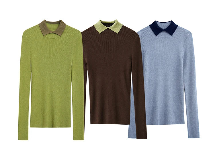 Damen-Strickpullover mit Umlegekragen und Farbkontrast, Farben: Grün, Braun, Hellblau