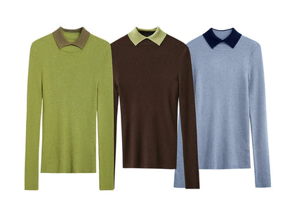 Damen-Strickpullover mit Umlegekragen und Farbkontrast, Farben: Grün, Braun, Hellblau