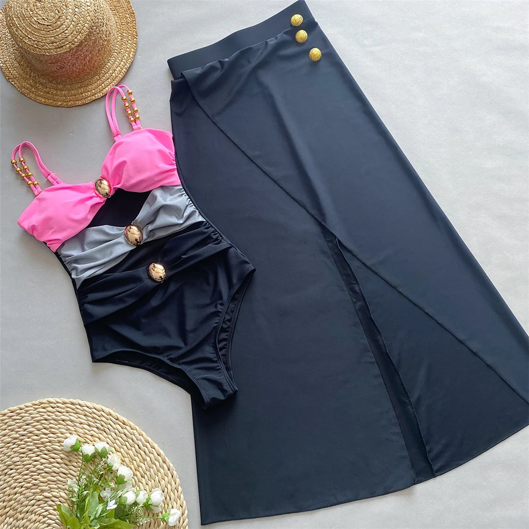 Damen Badeanzug Spleiß Cut-Out Rock gerüscht Einteiler Monokini