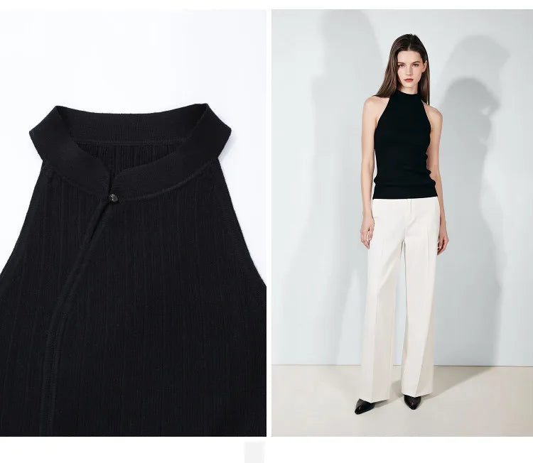 Amii Damen-Stricktop, schwarz, ärmellos mit Stehkragen und Froschknopf