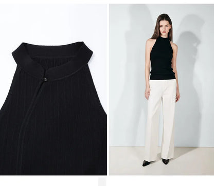 Amii Damen-Stricktop, schwarz, ärmellos mit Stehkragen und Froschknopf