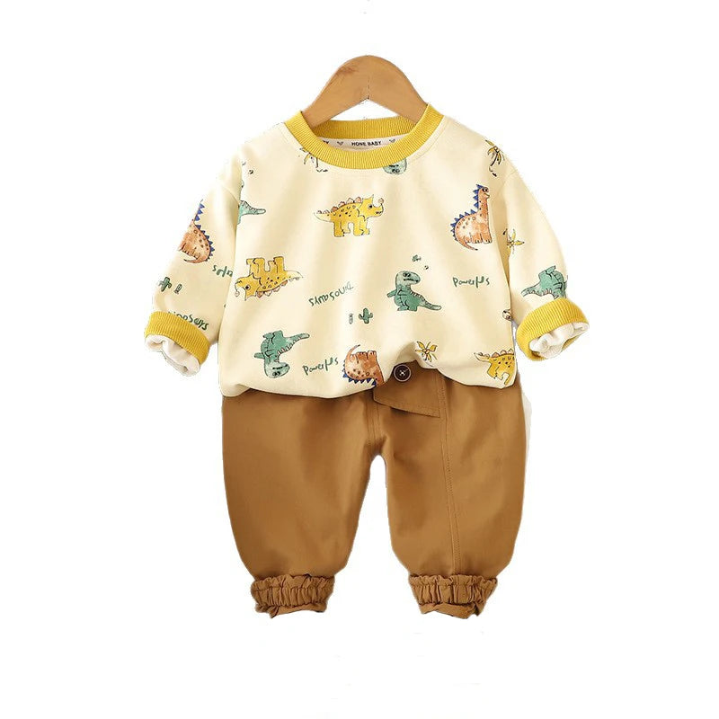 Kinder Hoodie-Set mit Cartoon-Dinosaurier-Pullover und lockeren Hosen für Jungen