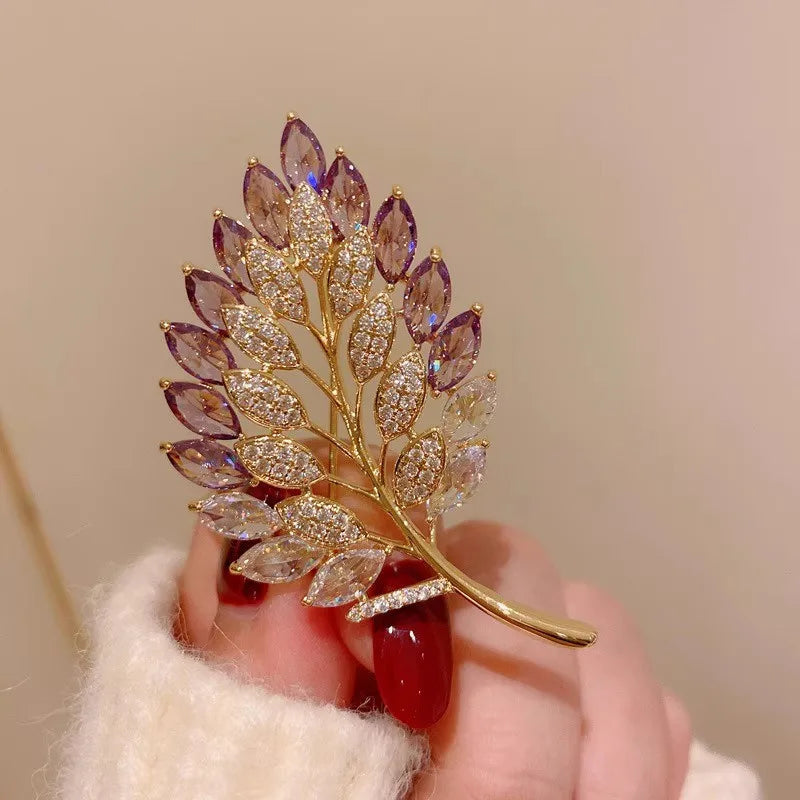 Brosche Kristall Blatt Pflanze Strass Glänzend Boutique Abzeichen Damen