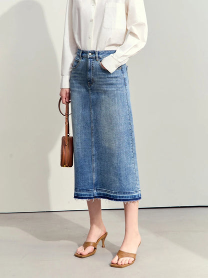 Jeansrock mit hoher Taille, A-Linie, mittellang, Saum mit Fransen, dunkelblauer Denim