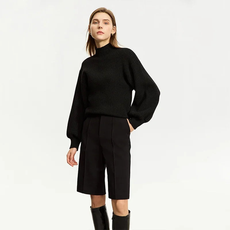 Damen-Wollpullover mit Stehkragen und Laternenärmeln, dunkel (schwarz)