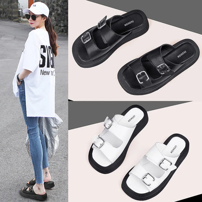 2025 frauen Hausschuhe Sommer Echtes Leder Rutschen Frauen Fashion Square taste Flache Sandalen Damen Outdoor Casual Flip-Flops
