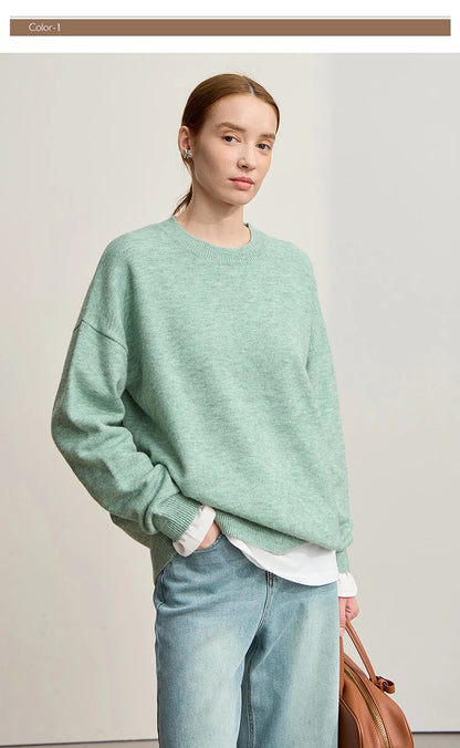 Damen-Strickpullover mintgrün mit O-Ausschnitt, lange Ärmel, Rippbündchen