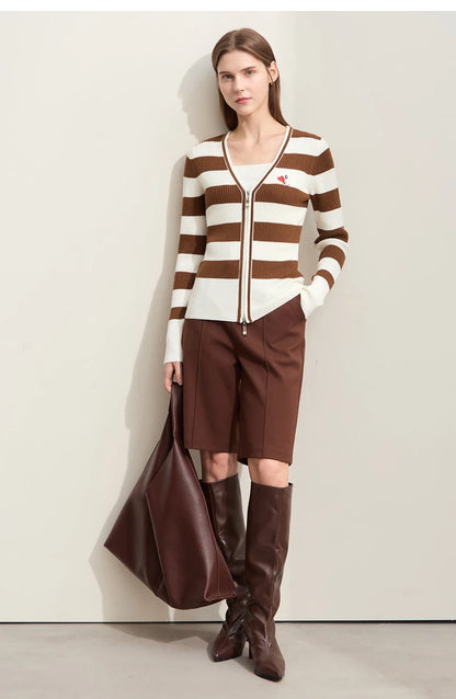 Damen-Strickjacke Kaschmir-Wolle Slim Streifen Reißverschluss Herbst