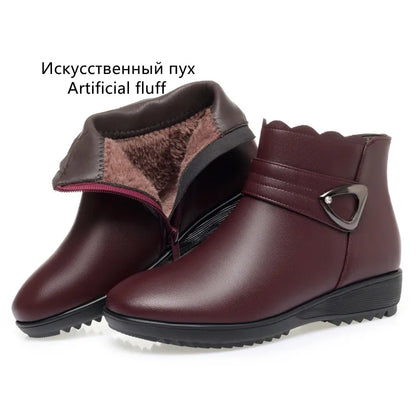 Damen Schneestiefel aus echtem Leder mit rutschfestem flachem Boden