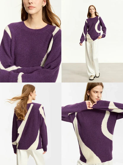 Damen-Rundhalspullover Wolle Yak asymmetrisch Patchwork locker Winter