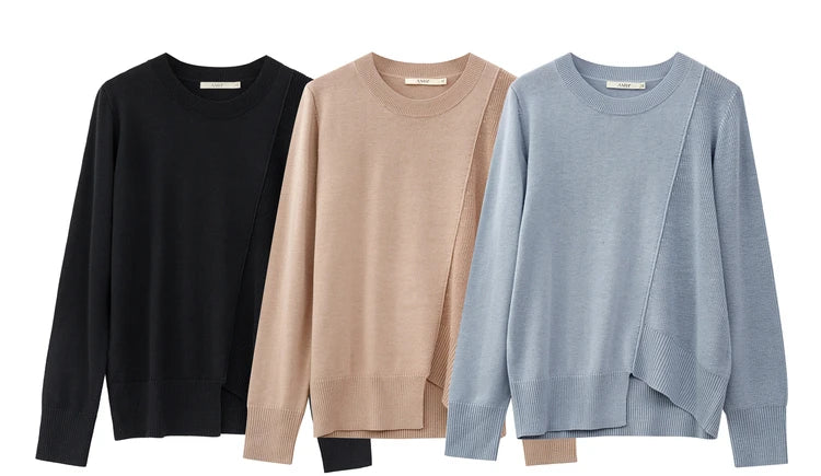 Pullover-Varianten: schwarz, sandbeige und hellblau