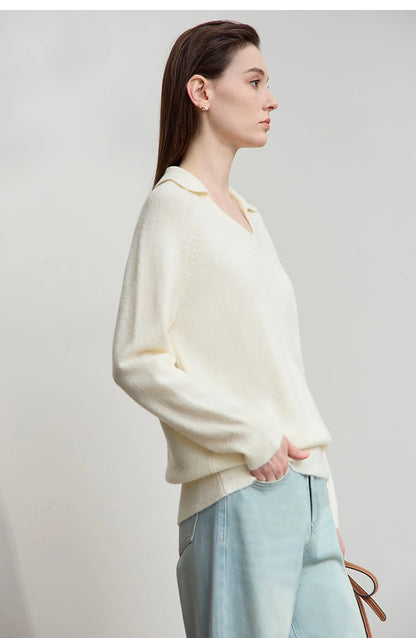 Cremefarbener Damen-Strickpullover mit V-Ausschnitt, langarmig, Seitenansicht