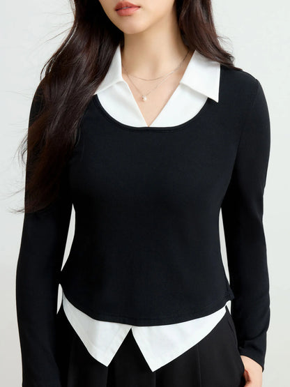 Elegante Damen-Spitzenbluse mit langen Ärmeln und Knopfleiste in sanftem Beige und Lila – ideal für den Winter.