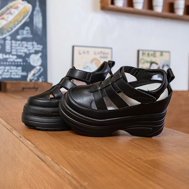 Damen-Sandalen mit Plattform, 2025, neue Sandalen aus echtem Leder mit hohem Absatz, geschlossene Zehen, interne Erhöhung, römische Damen-Sandalen