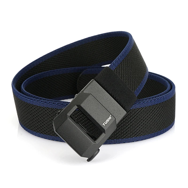Unisex-Gürtel aus elastischem Nylon mit mattschwarzer Schnalle in 38 mm Breite und Tragekomfort