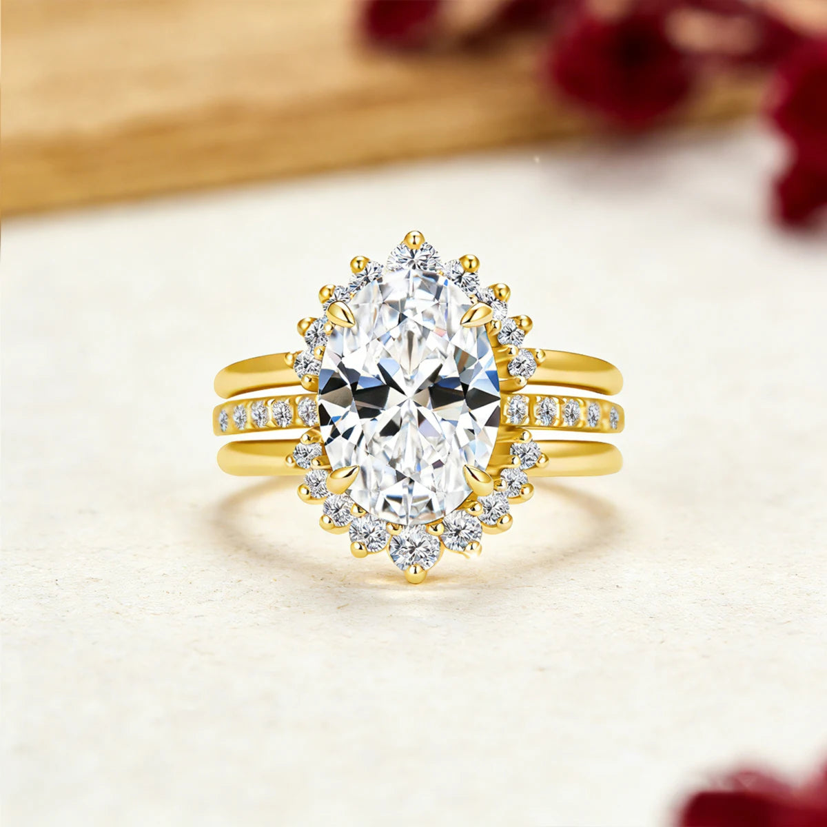 Damen-Verlobungsring-Set aus Silber mit ovalem Moissanit, 5 Karat Gesamt, 3-Teiliges Ringset, Zertifikat