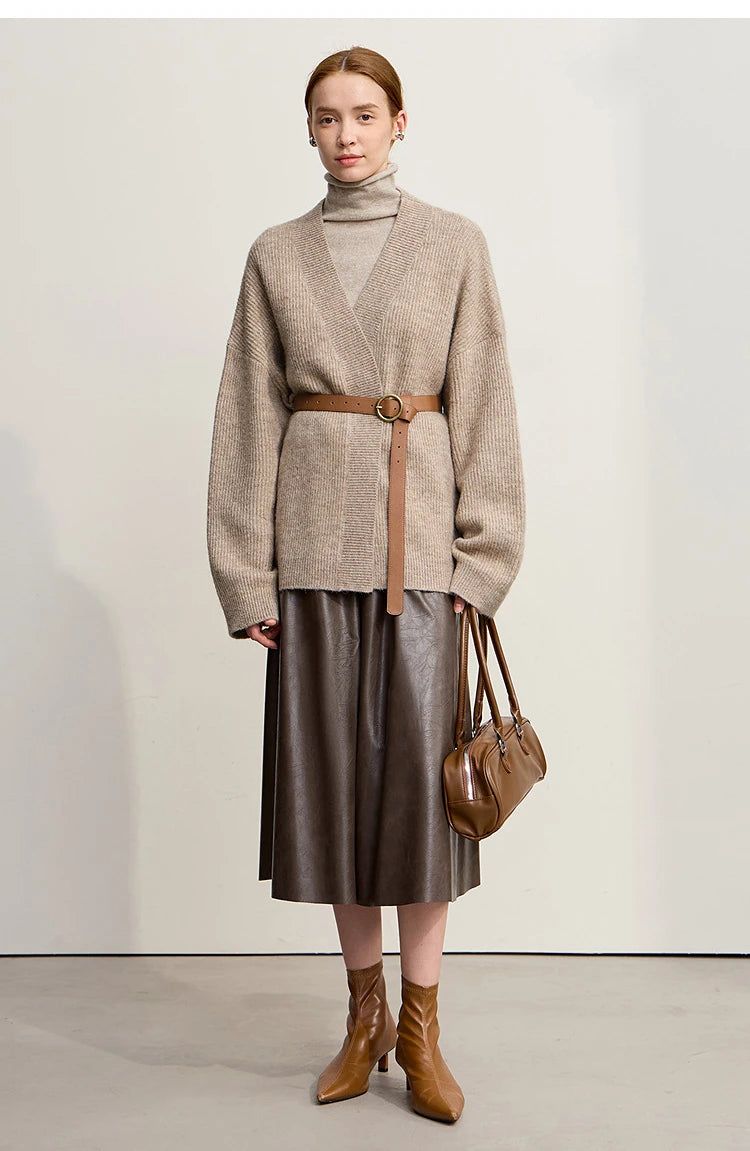 Damen V-Ausschnitt Cardigan lang Wolle-Mix offen Winter