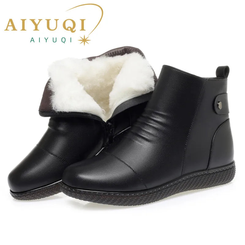 AIYUQI Damen-Winterstiefeletten, schwarz, mit weißem Futter und seitlichem Steckverschluss