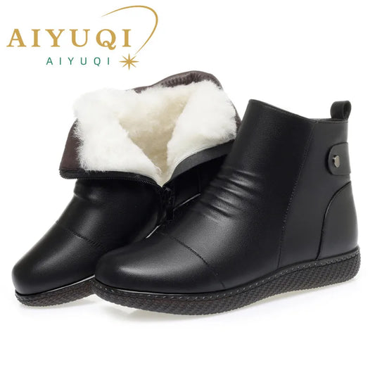 AIYUQI Damen-Winterstiefeletten, schwarz, mit weißem Futter und seitlichem Steckverschluss