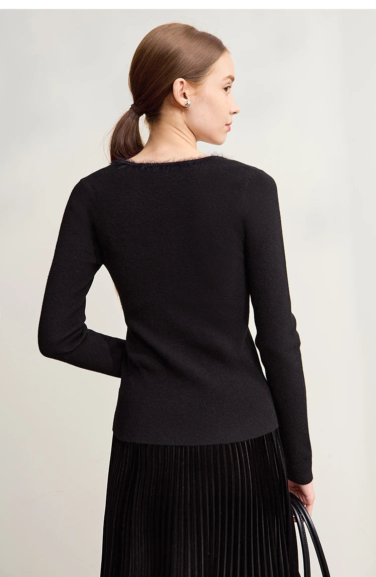 Damen-Pullover hinten, Langarm, schwarzer Feinstrick