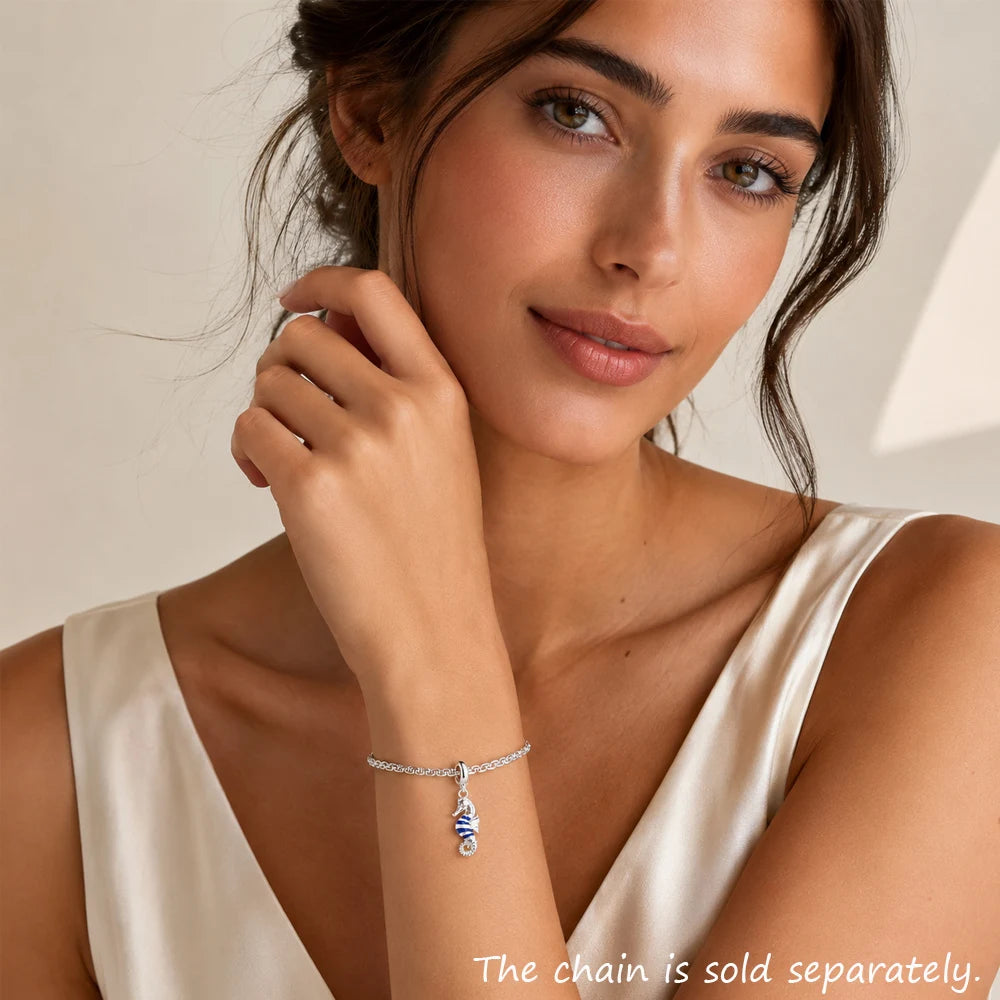 Damen-Charm-Anhänger Seepferdchen Emaille tropisch DIY aus Sterlingsilber