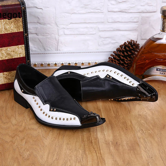 Gold Rivets Mixed Color Leather Men Shoes Pointed Toe Breathable Shoes Men Casual Shoes High Heels Personalized Men's Shoes