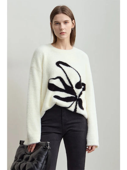 Damen-Pullover wollweiß mit schwarzem Jacquard-Motiv vorne, lange Ärmel