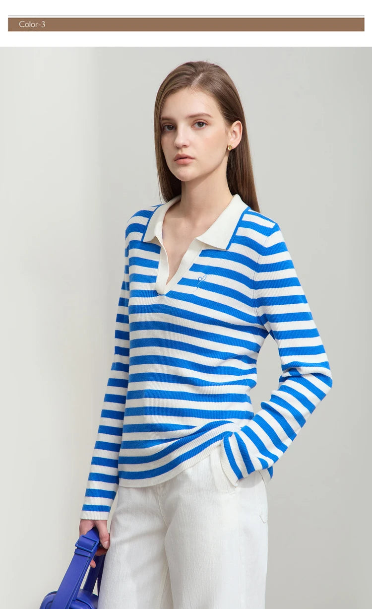 Damen V-Ausschnitt Pullover Streifen Stickerei Polo Kontrastfarben Herbst