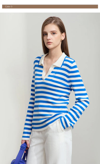 Damen V-Ausschnitt Pullover Streifen Stickerei Polo Kontrastfarben Herbst