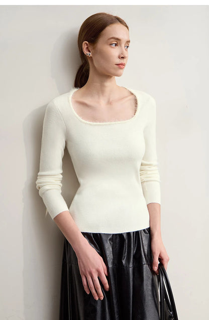 Damen-Pullover mit quadratischem Ausschnitt, Langarm, beiger Feinstrick-Look