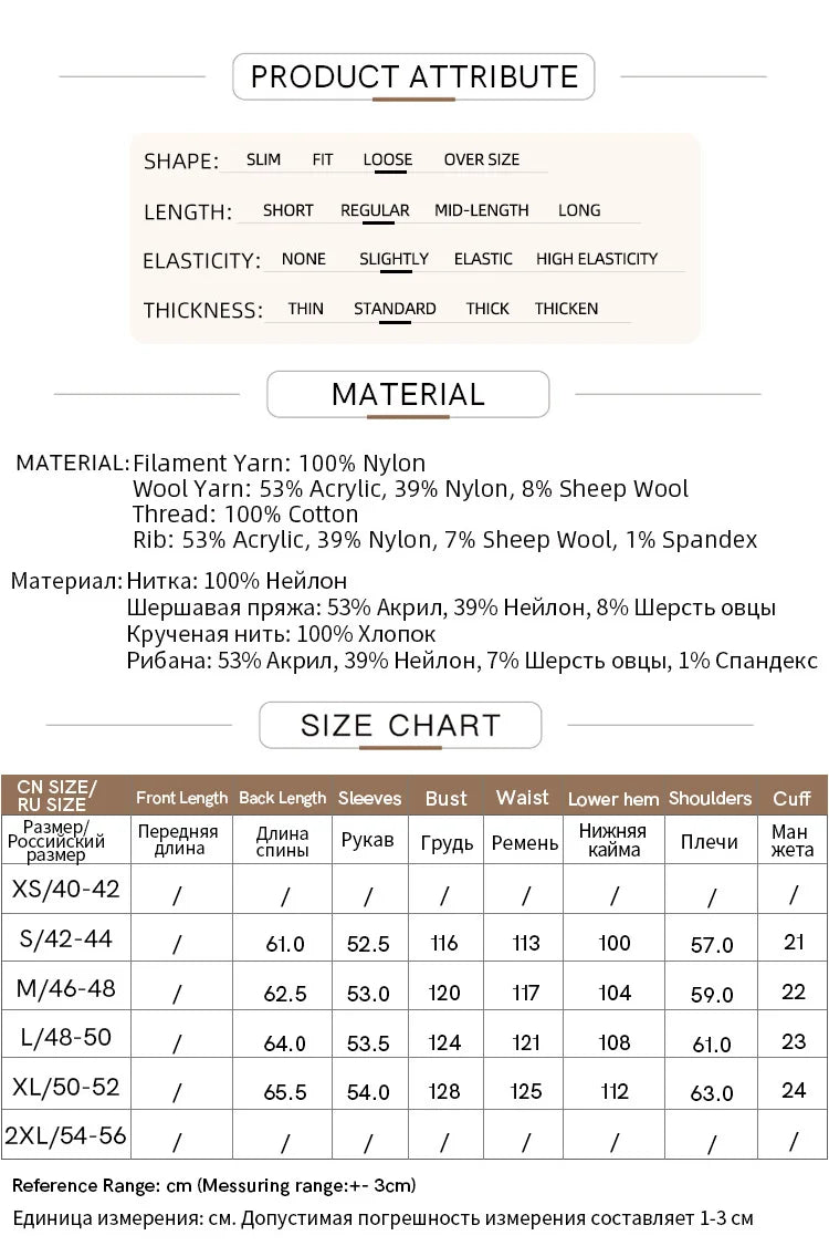 Größentabelle und Materialangaben für den Amii Strickpullover