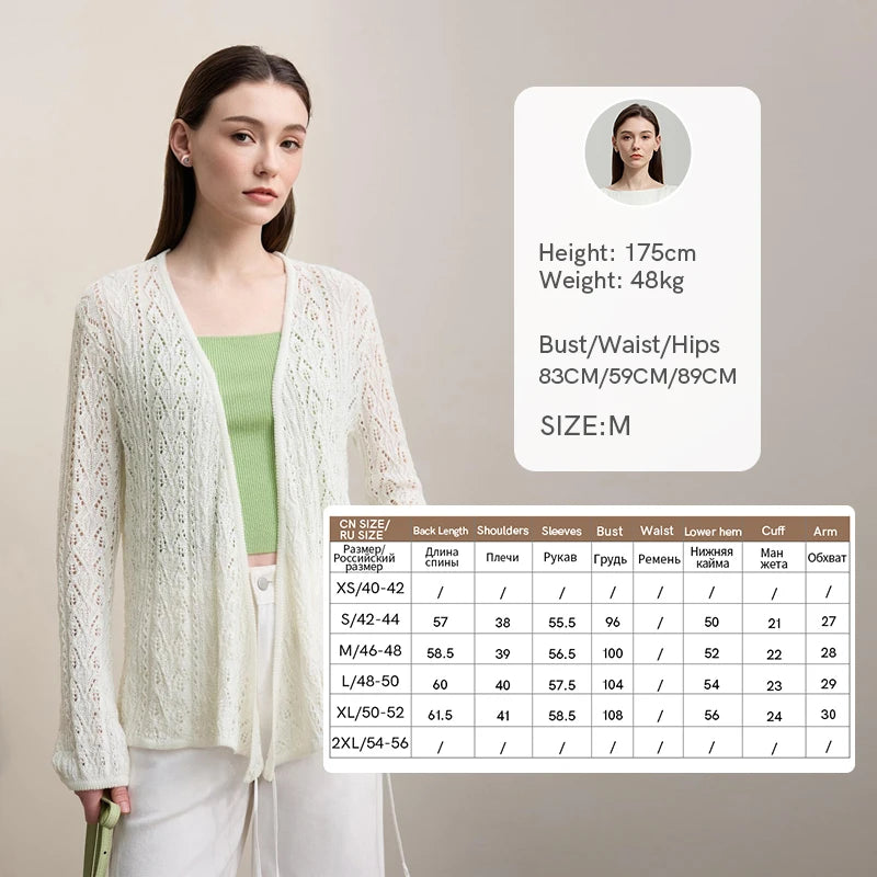 Damen-Strickjacke V-Ausschnitt Wolle Hohlstrick locker Langarm Frühling