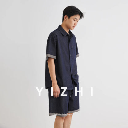 Männer Denim Anzug mit Revers Kurzarm Shirt und Shorts im Casual-Stil