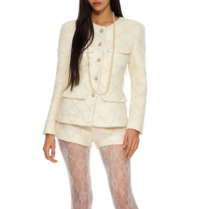 Damen-Blazer mit Rüschen und Patchwork-Design, langärmelig und mit Reverskragen – ideal für den Alltag