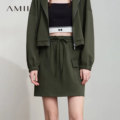 Eleganter Damen-Minirock dunkelgrün, elastischer Bund mit Kordelzug und Taschen vorn
