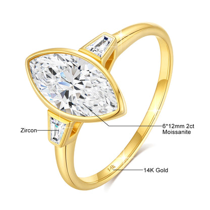 Damen-Verlobungsring Aus 14 Karat Gold Mit Marquise Moissanit Stein, 2 Karat Zertifikat