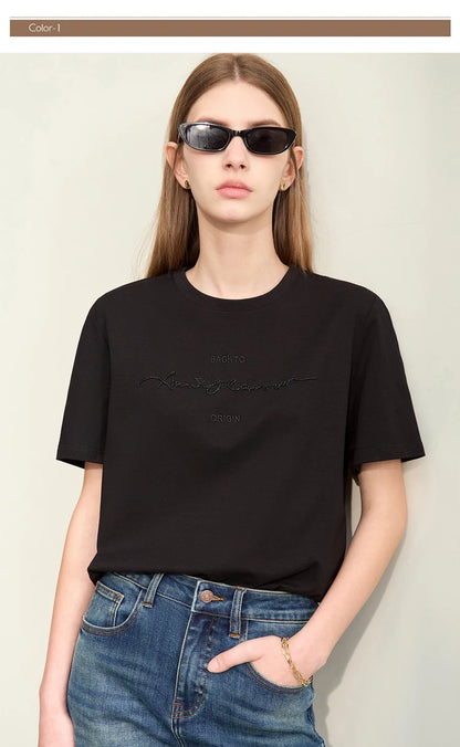 Damen T-Shirts im Minimalismus-Stil mit Kurzarm und Buchstaben-Stickerei