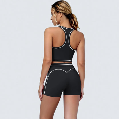 Damen-Yoga-Set schwarz mit hellen Kontrastlinien, Rückansicht, Racerback-Top, Shorts