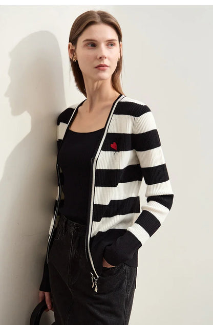 Damen-Strickjacke Kaschmir-Wolle Slim Streifen Reißverschluss Herbst