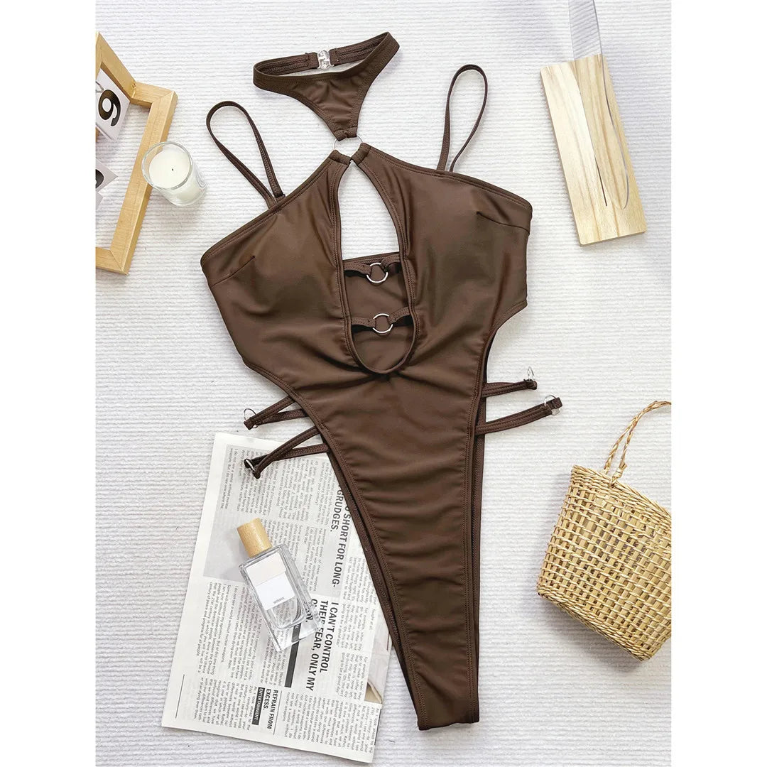 Damen Badeanzug Neckholder Cut-Out Micro Tanga hoher Beinausschnitt Monokini