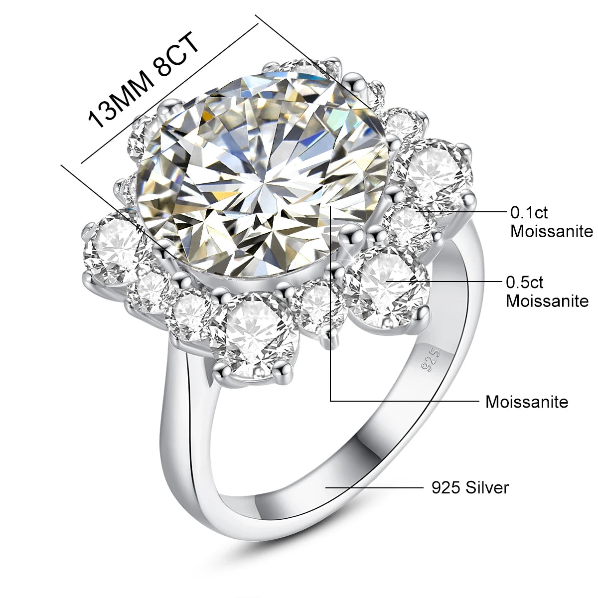 Damen-Ring Moissanit 8ct Rundschliff 13mm Zertifiziert für Verlobung oder Hochzeit