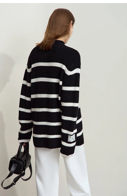 Damen-Strickjacke Streifen Stehkragen Kontrastfarben locker Weihnachten Winter