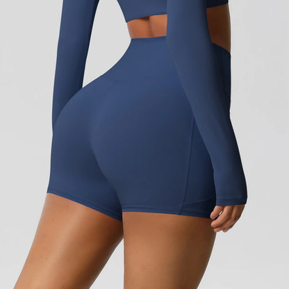 Hamidou Yogashorts für Frauen in Dunkelblau, Rückansicht mit kurzer Sportform.