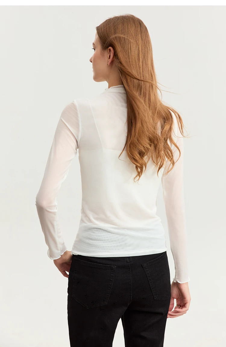 Damen T-Shirt aus gedrucktem Mesh mit slim-fit Halb Stehkragen